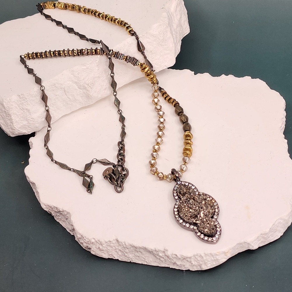 Stella & Dot Faux Druzy Rhinestone Pendant Necklace Mixed Metal Beaded Statement